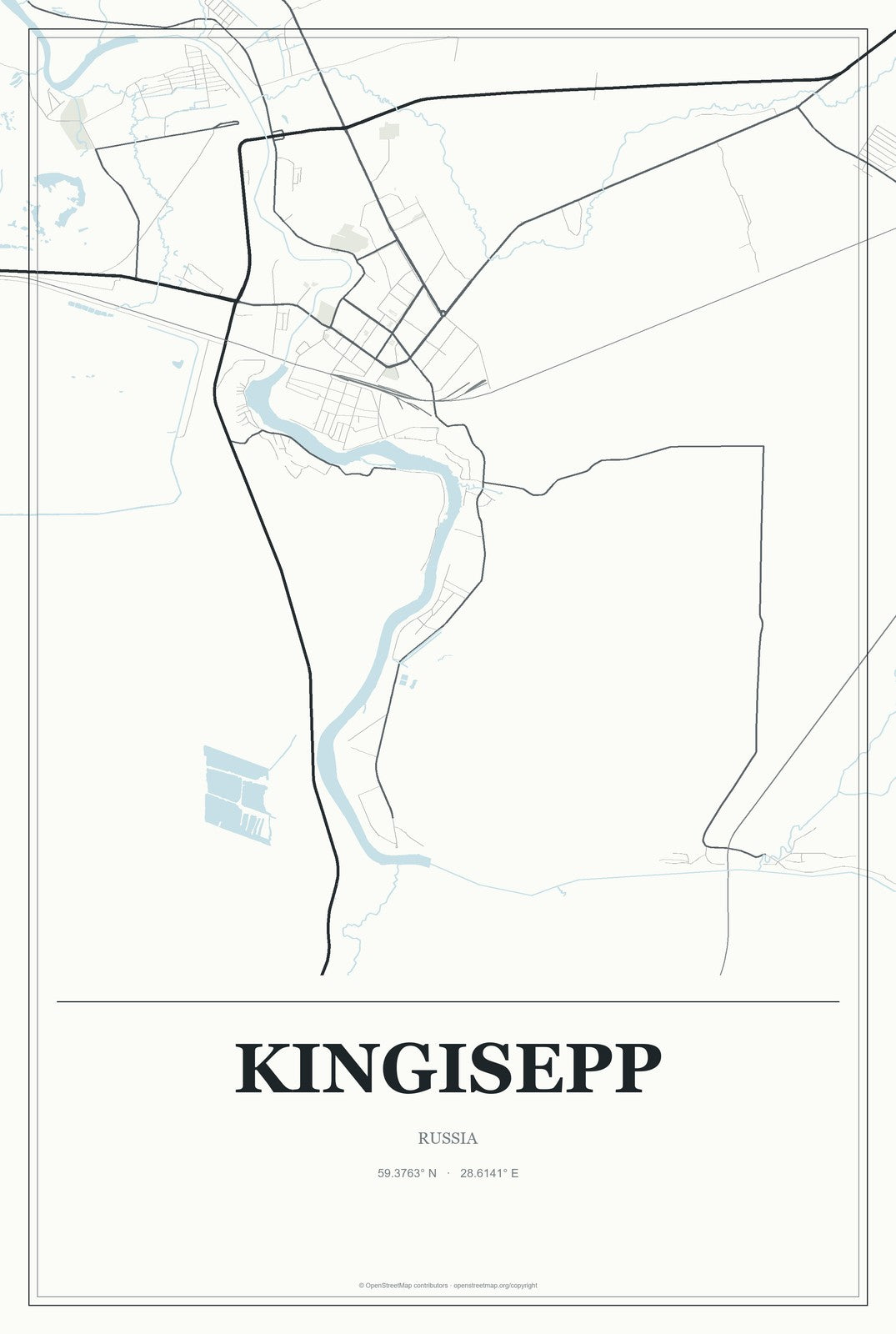 Kingisepp, Russia City Map Aluminum Sign in Gallery Air style