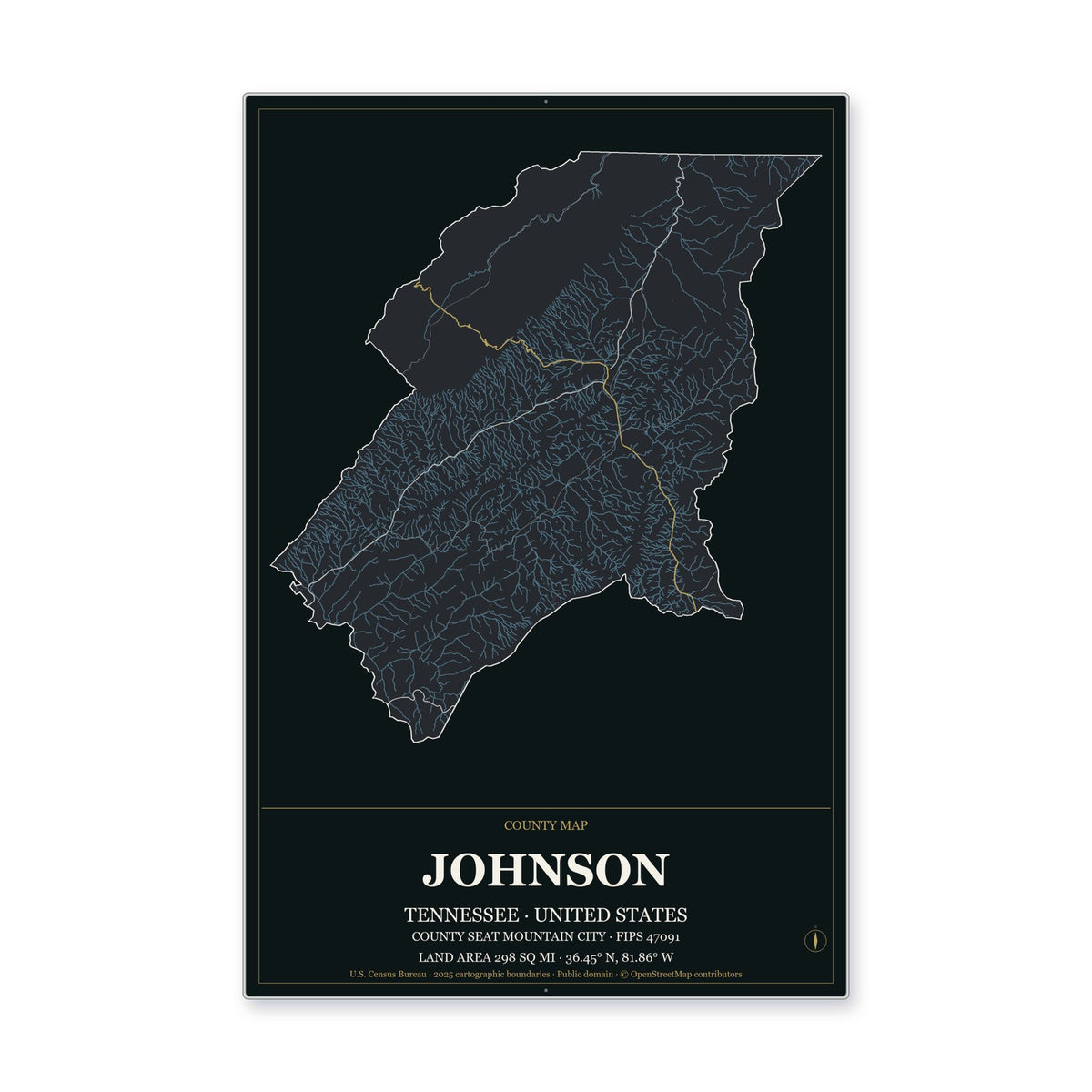 Johnson County, Tennessee Map Aluminum Sign in Metropolitan Noir style