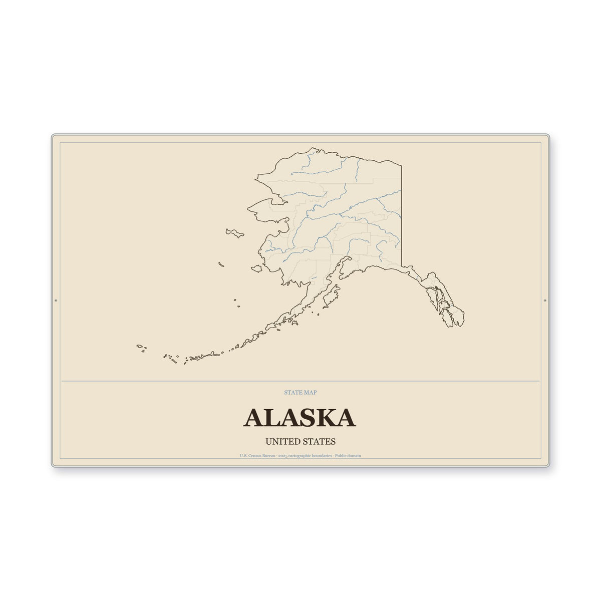 Alaska state map aluminum sign in Heritage Nautical style