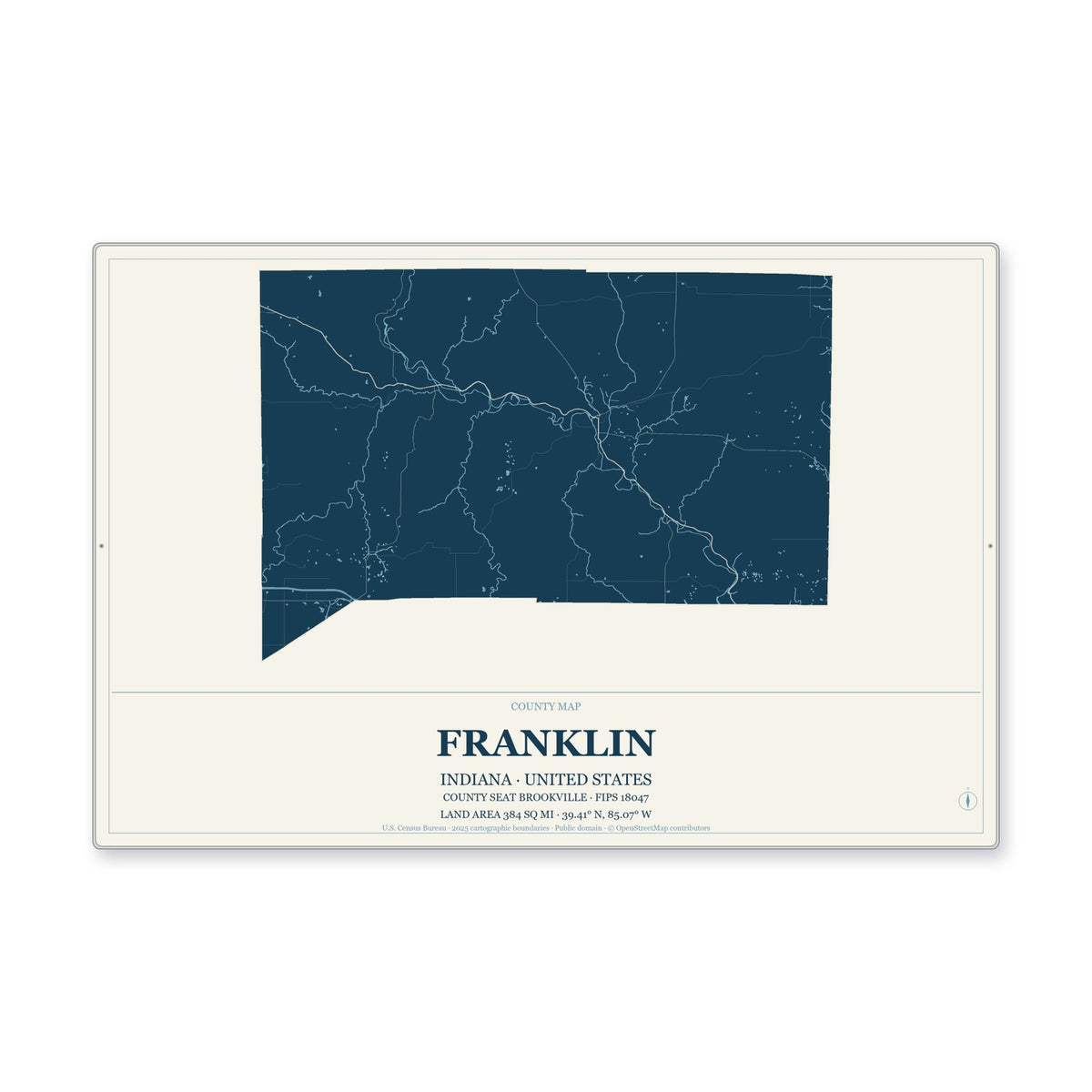 Franklin County, Indiana Map Aluminum Sign in Coastal Cutout style