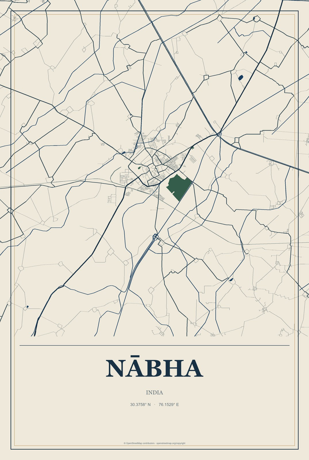 Nābha, India City Map Aluminum Sign in Coastal Cutout style