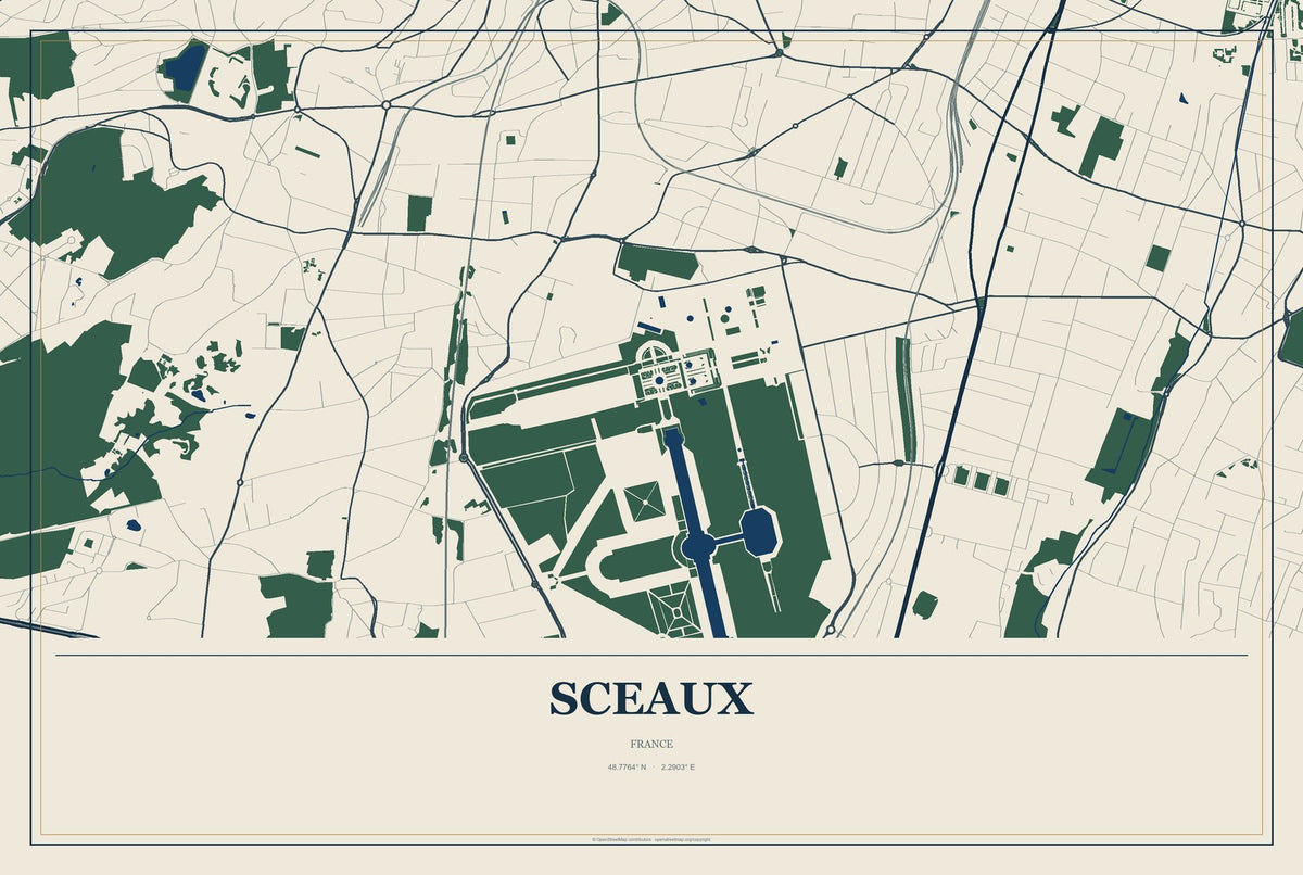 Sceaux, France City Map Aluminum Sign in Coastal Cutout style