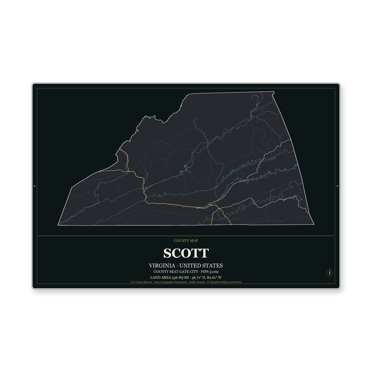 Scott County, Virginia Map Aluminum Sign in Metropolitan Noir style