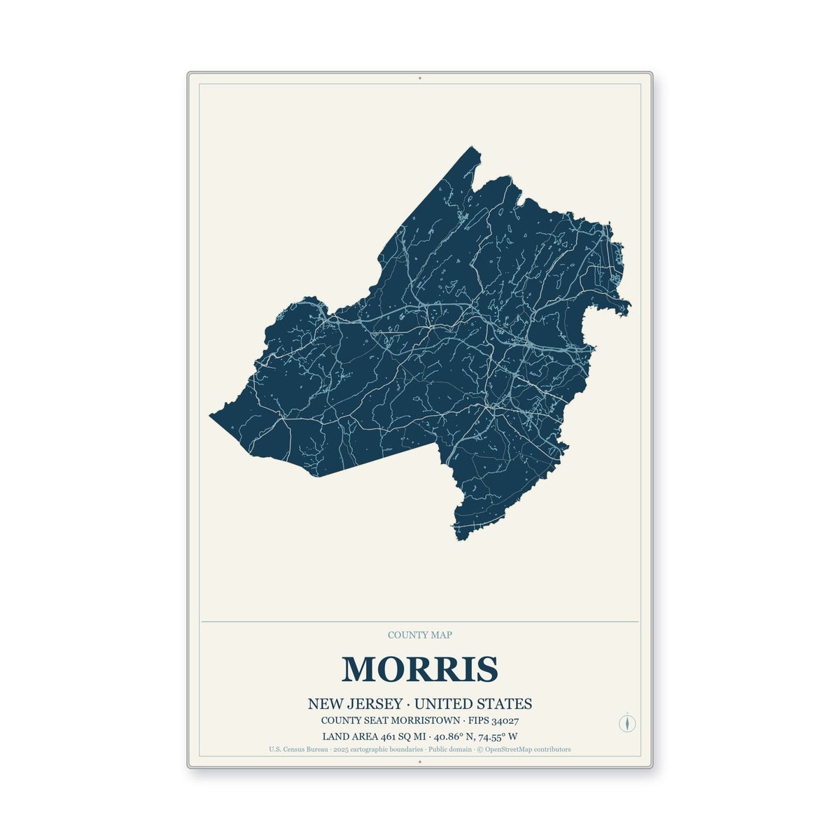 Morris County, New Jersey Map Aluminum Sign in Coastal Cutout style