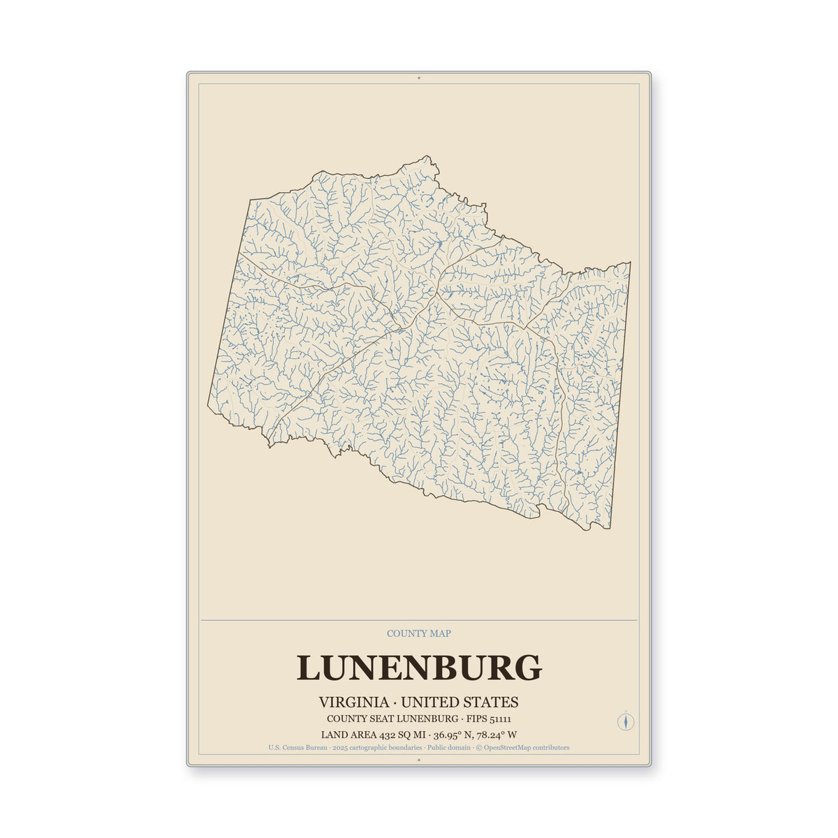 Lunenburg County, Virginia Map Aluminum Sign in Heritage Nautical style