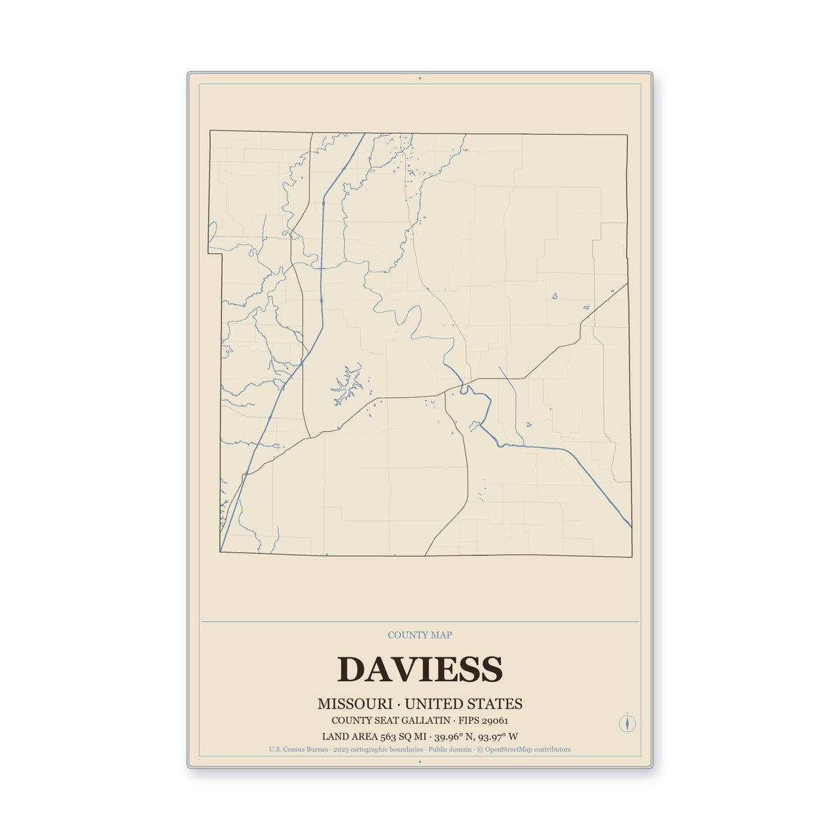 Daviess County, Missouri Map Aluminum Sign in Heritage Nautical style