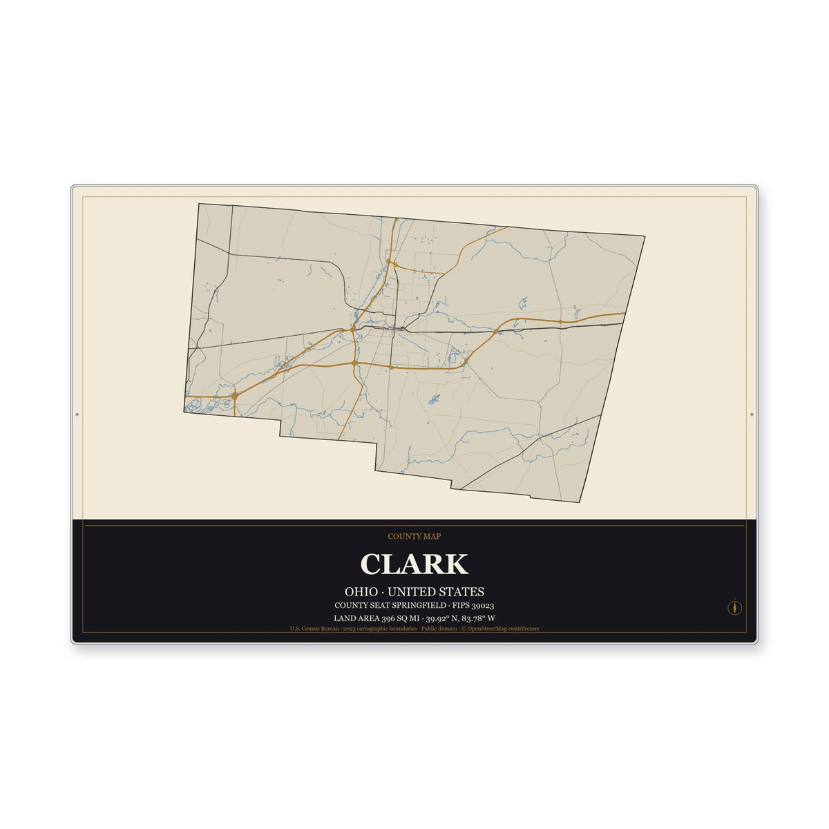 Clark County, Ohio Map Aluminum Sign in Museum Plaque style