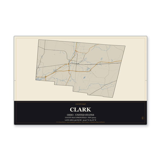 Clark County, Ohio Map Aluminum Sign in Museum Plaque style
