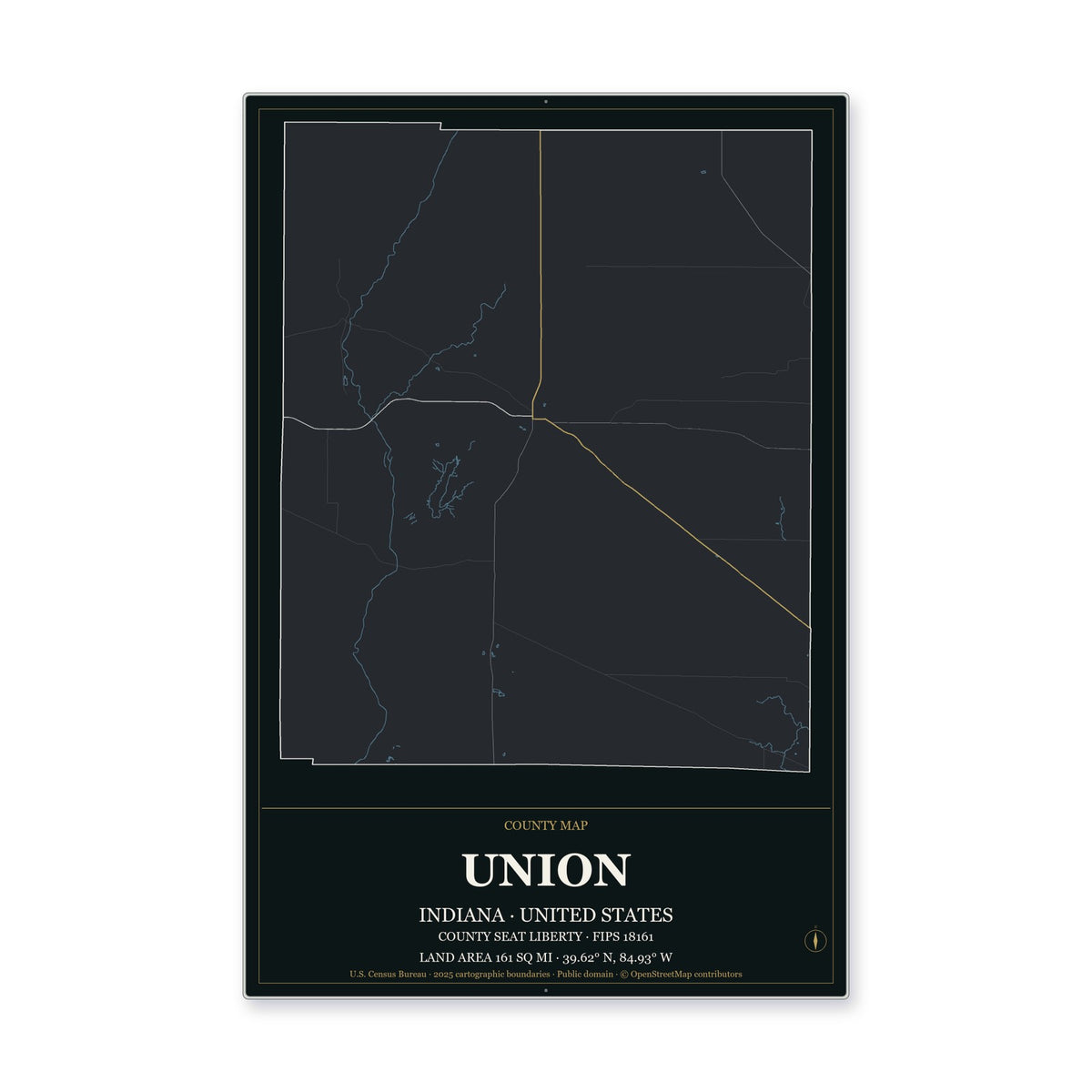 Union County, Indiana Map Aluminum Sign in Metropolitan Noir style