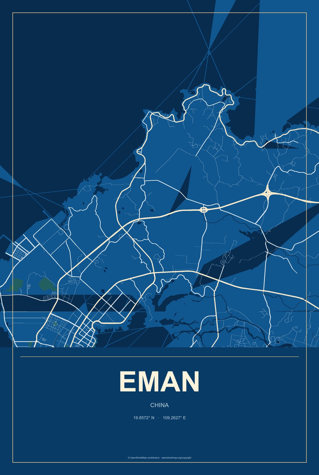 Eman, China City Map Aluminum Sign in Harbor Cobalt style