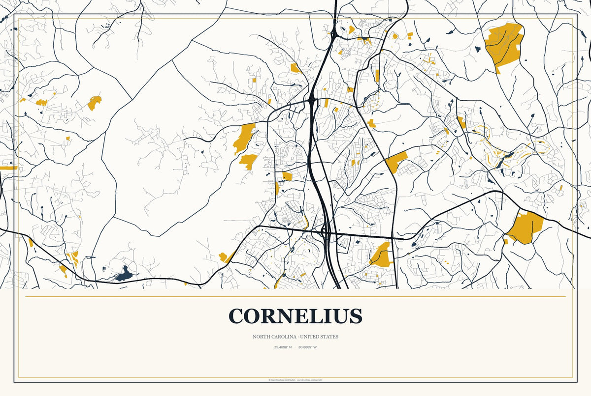 Cornelius, North Carolina City Map Aluminum Sign in Citrine Modern style