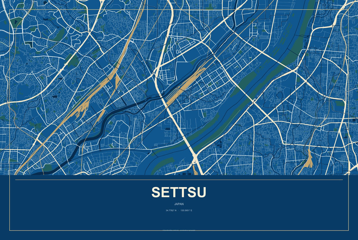Settsu, Japan City Map Aluminum Sign in Harbor Cobalt style