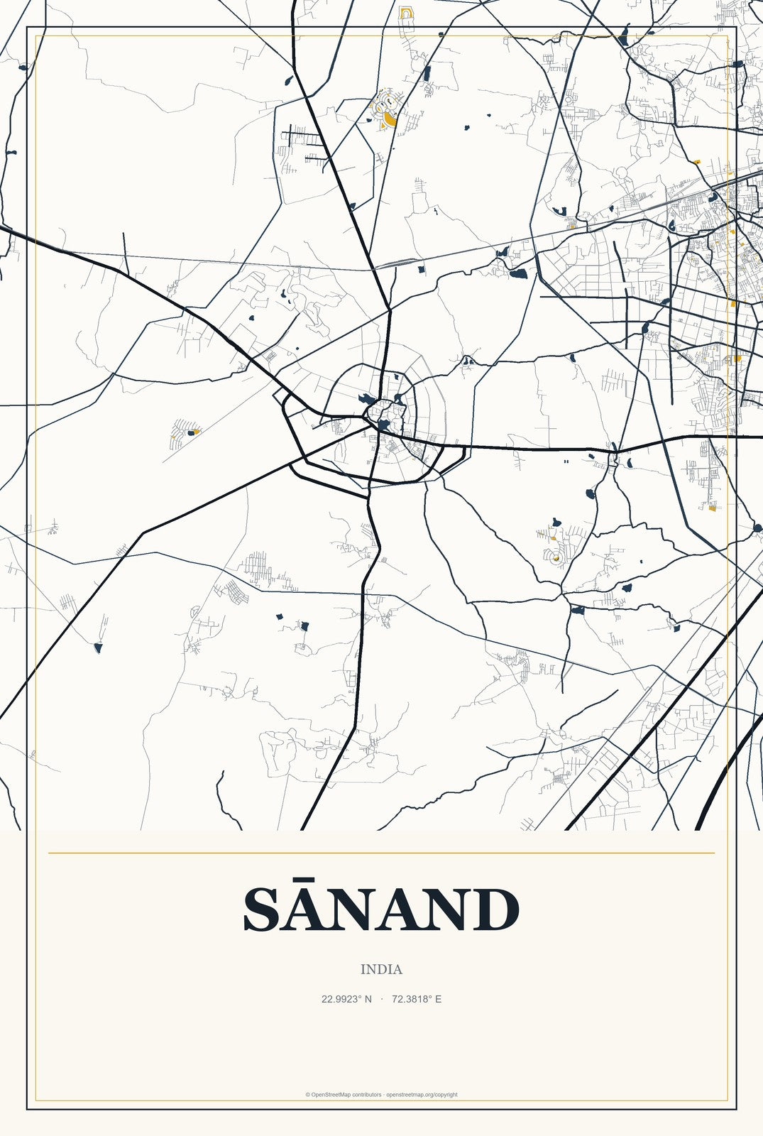 Sānand, India City Map Aluminum Sign in Citrine Modern style