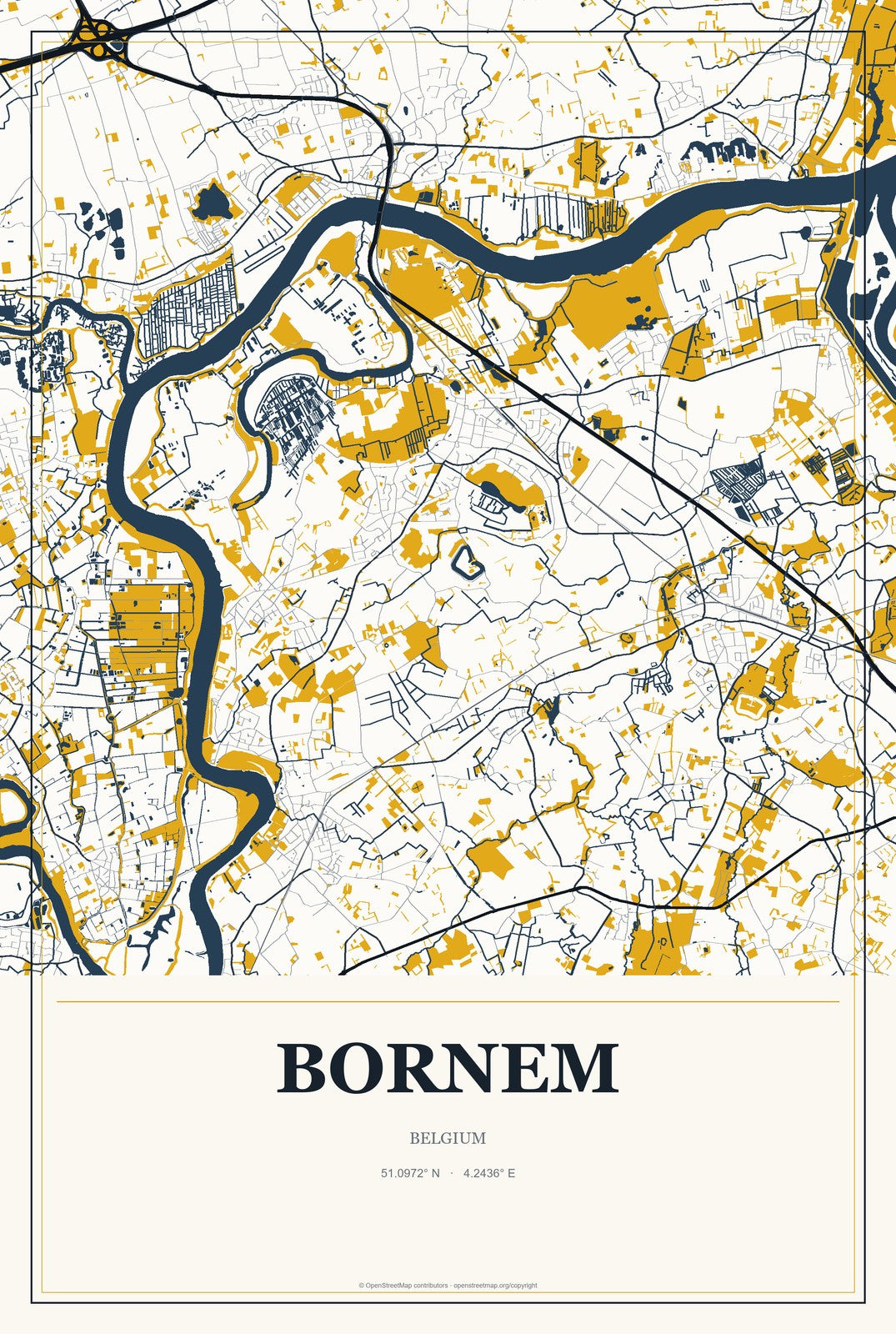 Bornem, Belgium City Map Aluminum Sign in Citrine Modern style