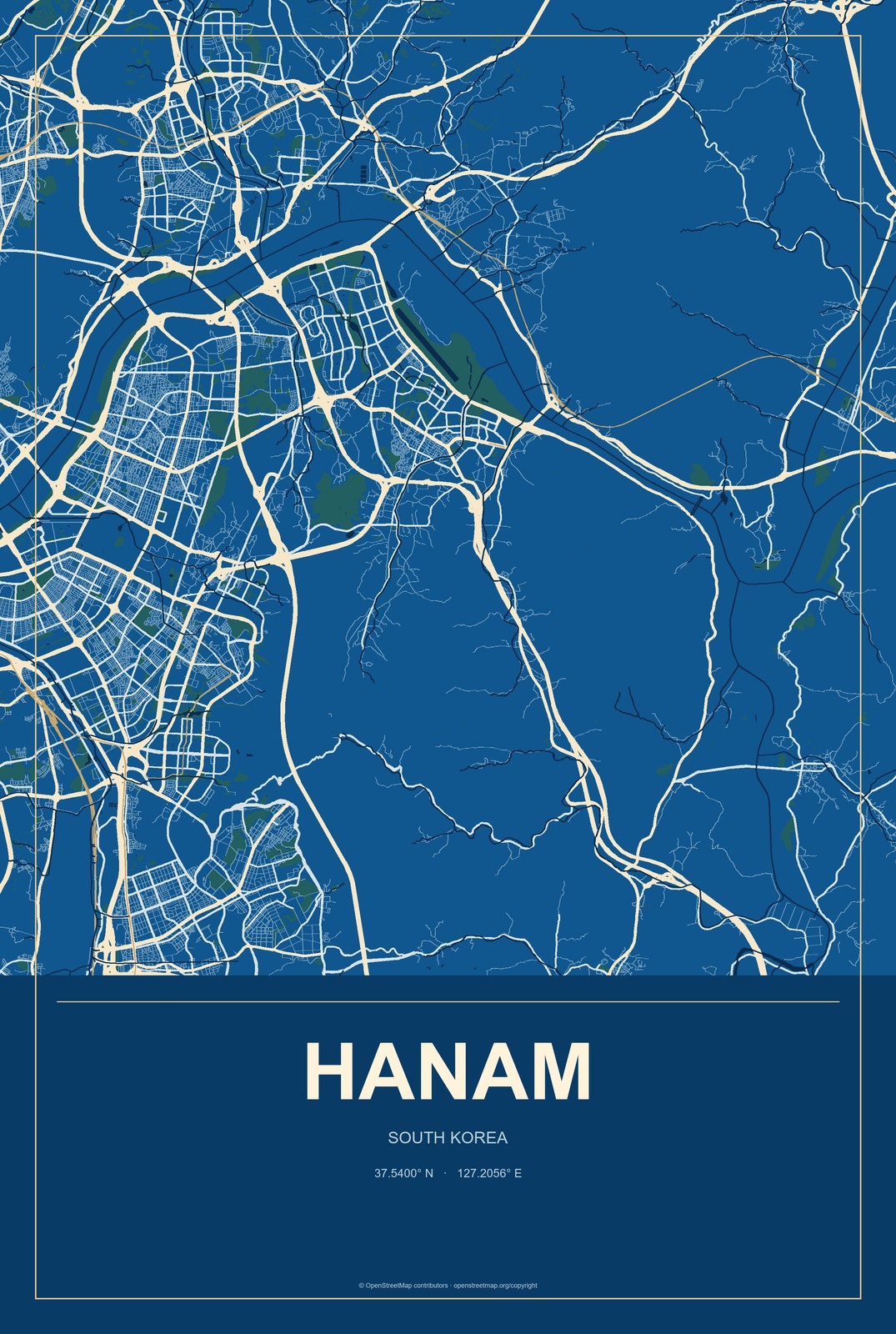 Hanam, South Korea City Map Aluminum Sign in Harbor Cobalt style