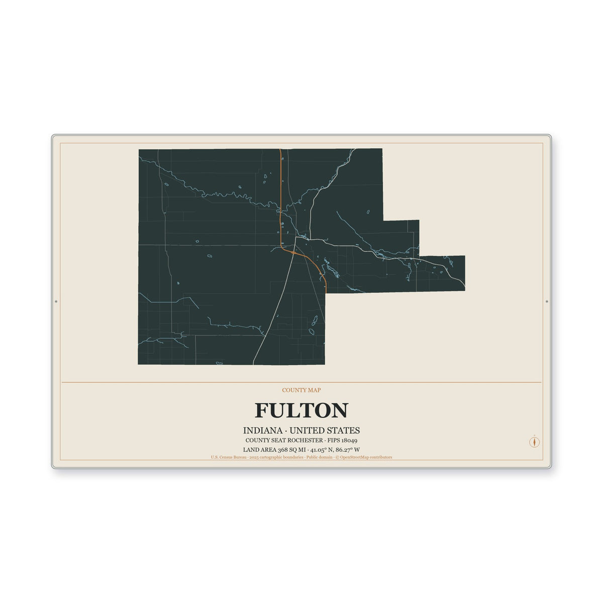Fulton County, Indiana Map Aluminum Sign in Headline Atlas style