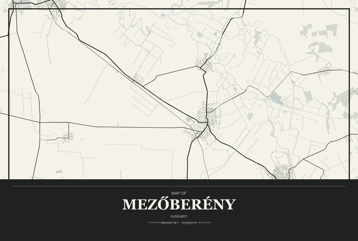 Mezőberény, Hungary City Map Aluminum Sign in Museum Plaque style