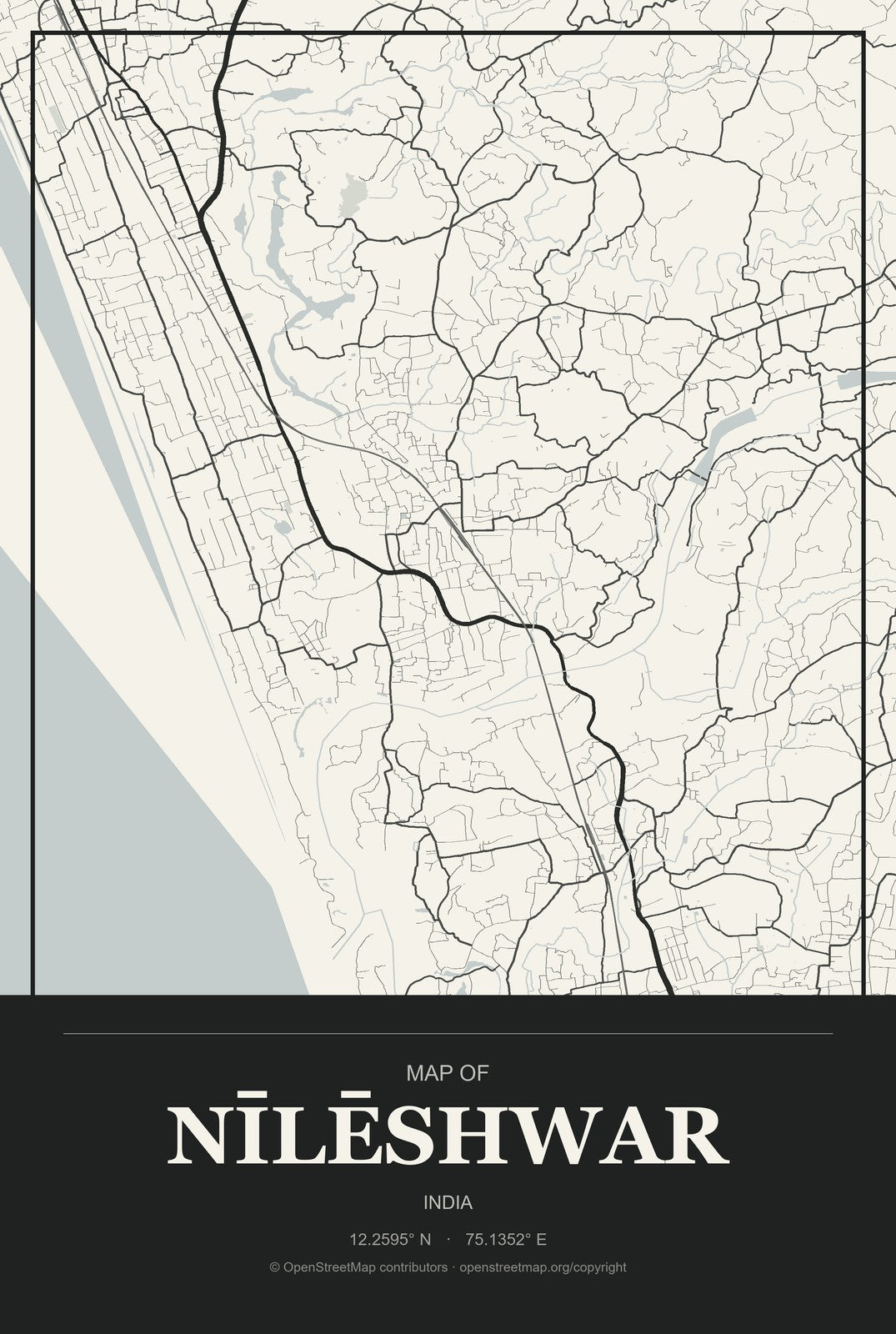 Nīlēshwar, India City Map Aluminum Sign in Museum Plaque style