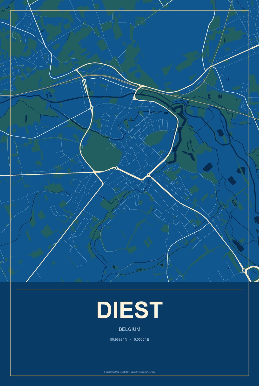 Diest, Belgium City Map Aluminum Sign in Harbor Cobalt style