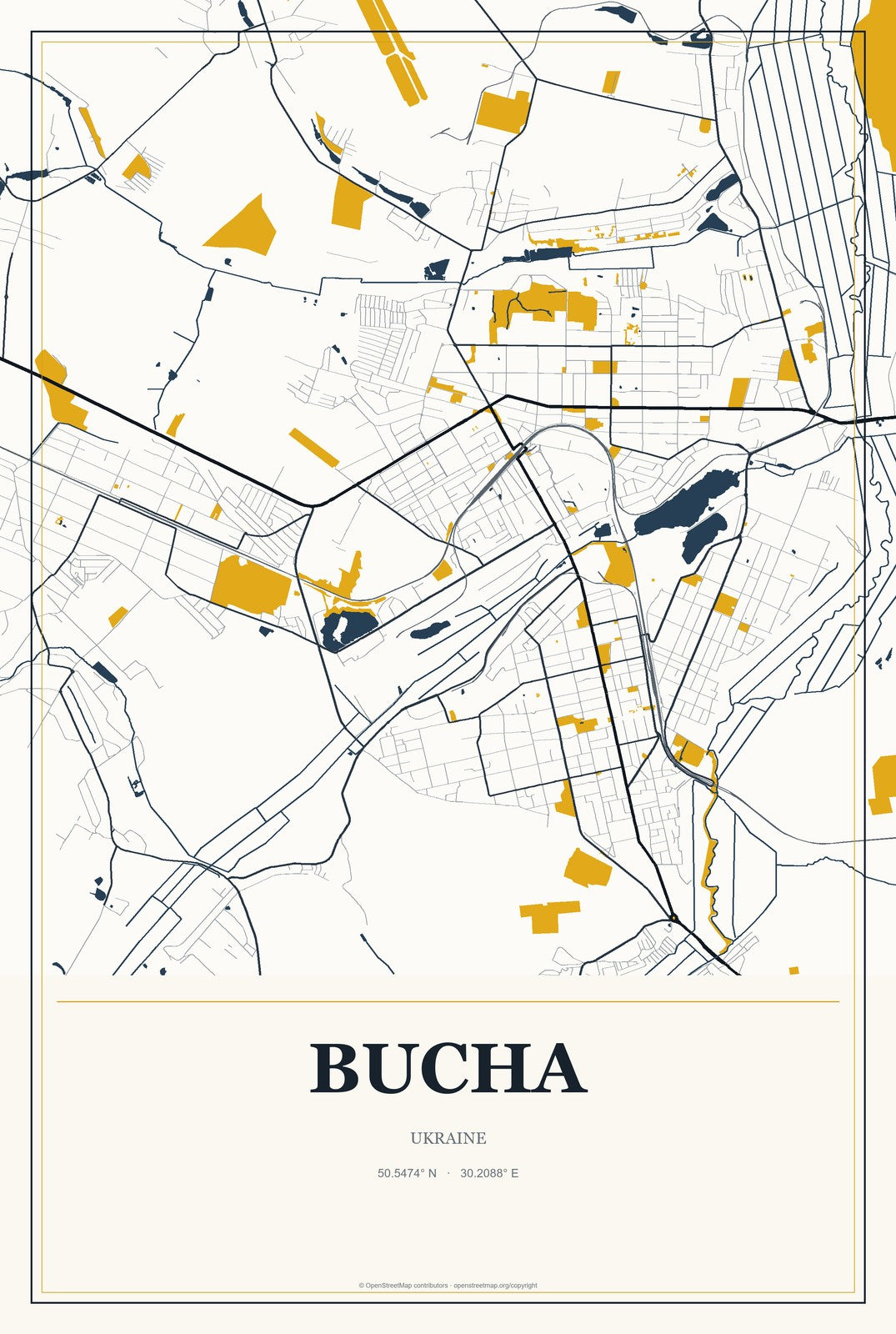 Bucha, Ukraine City Map Aluminum Sign in Citrine Modern style