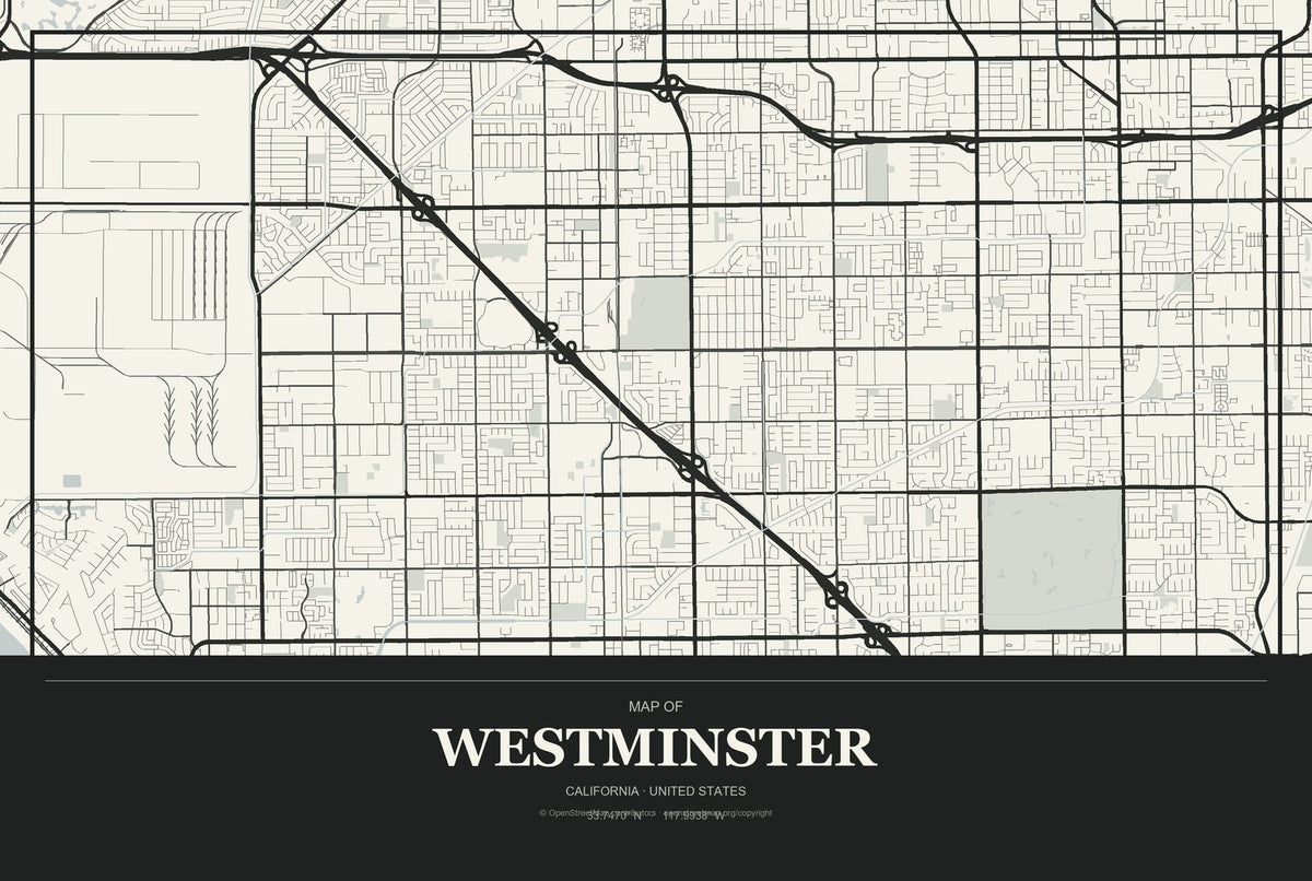Westminster, California City Map Aluminum Sign in Museum Plaque style