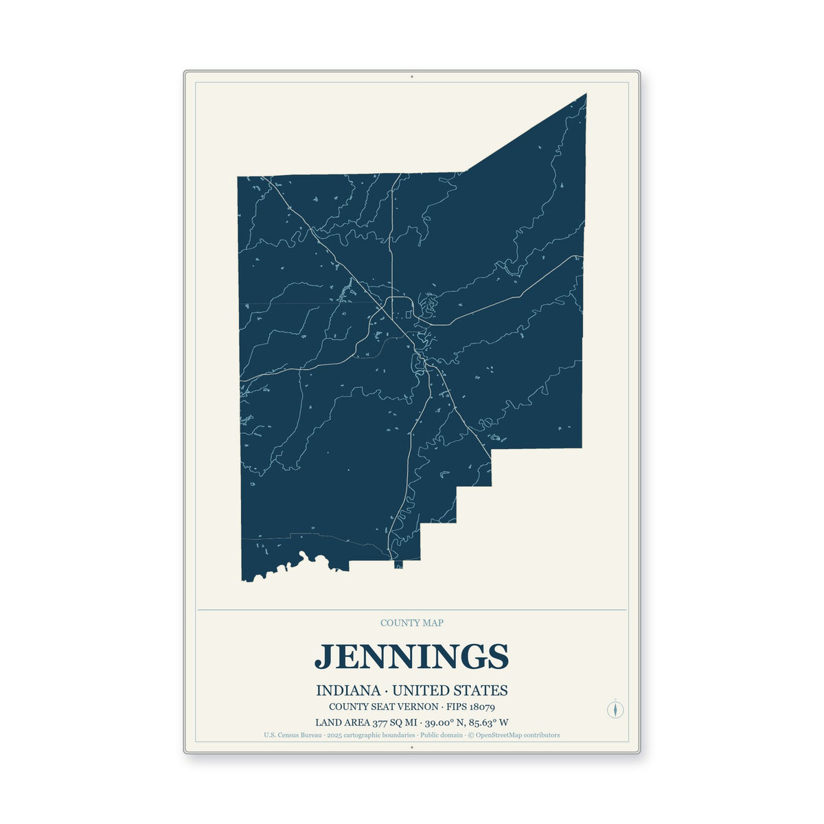 Jennings County, Indiana Map Aluminum Sign in Coastal Cutout style