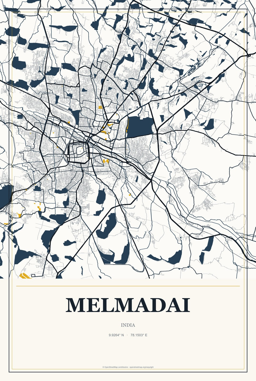 Melmadai, India City Map Aluminum Sign in Citrine Modern style
