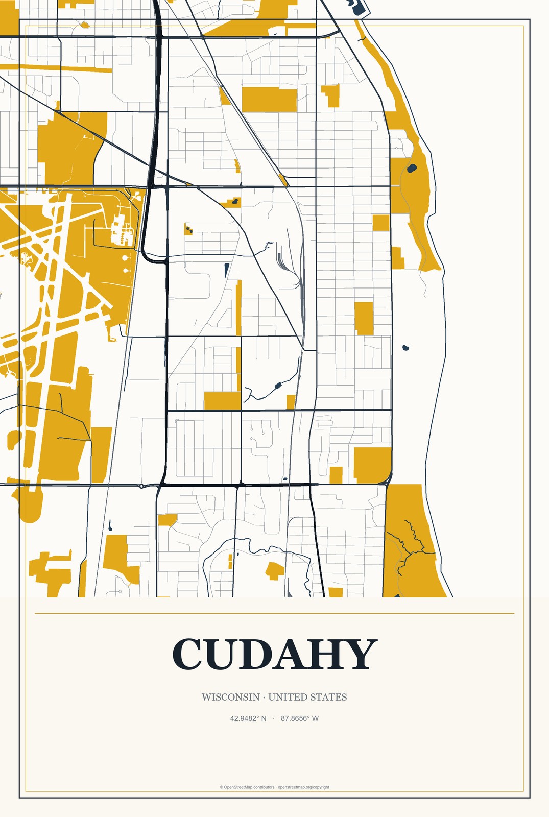 Cudahy, Wisconsin City Map Aluminum Sign in Citrine Modern style