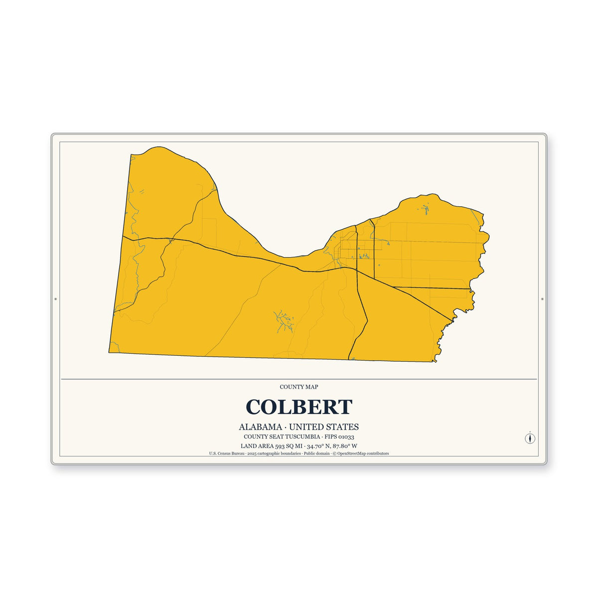 Colbert County, Alabama Map Aluminum Sign in Citrine Modern style