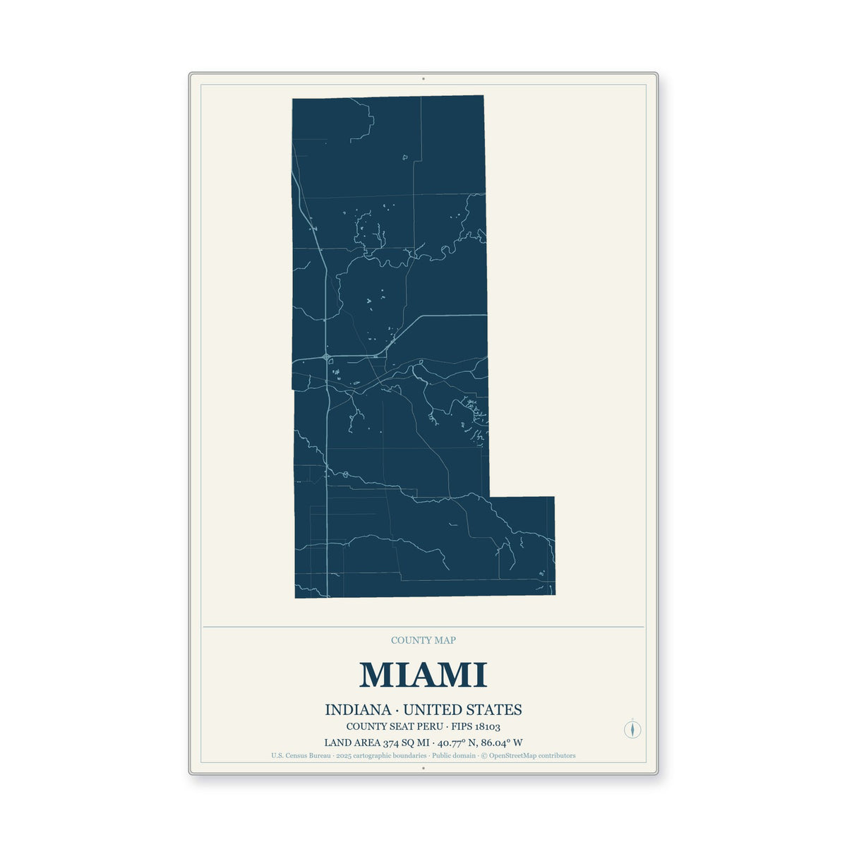 Miami County, Indiana Map Aluminum Sign in Coastal Cutout style