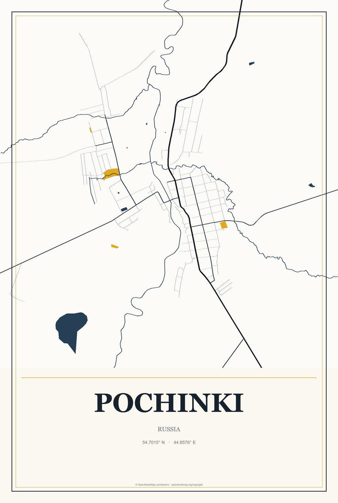 Pochinki, Russia City Map Aluminum Sign in Citrine Modern style