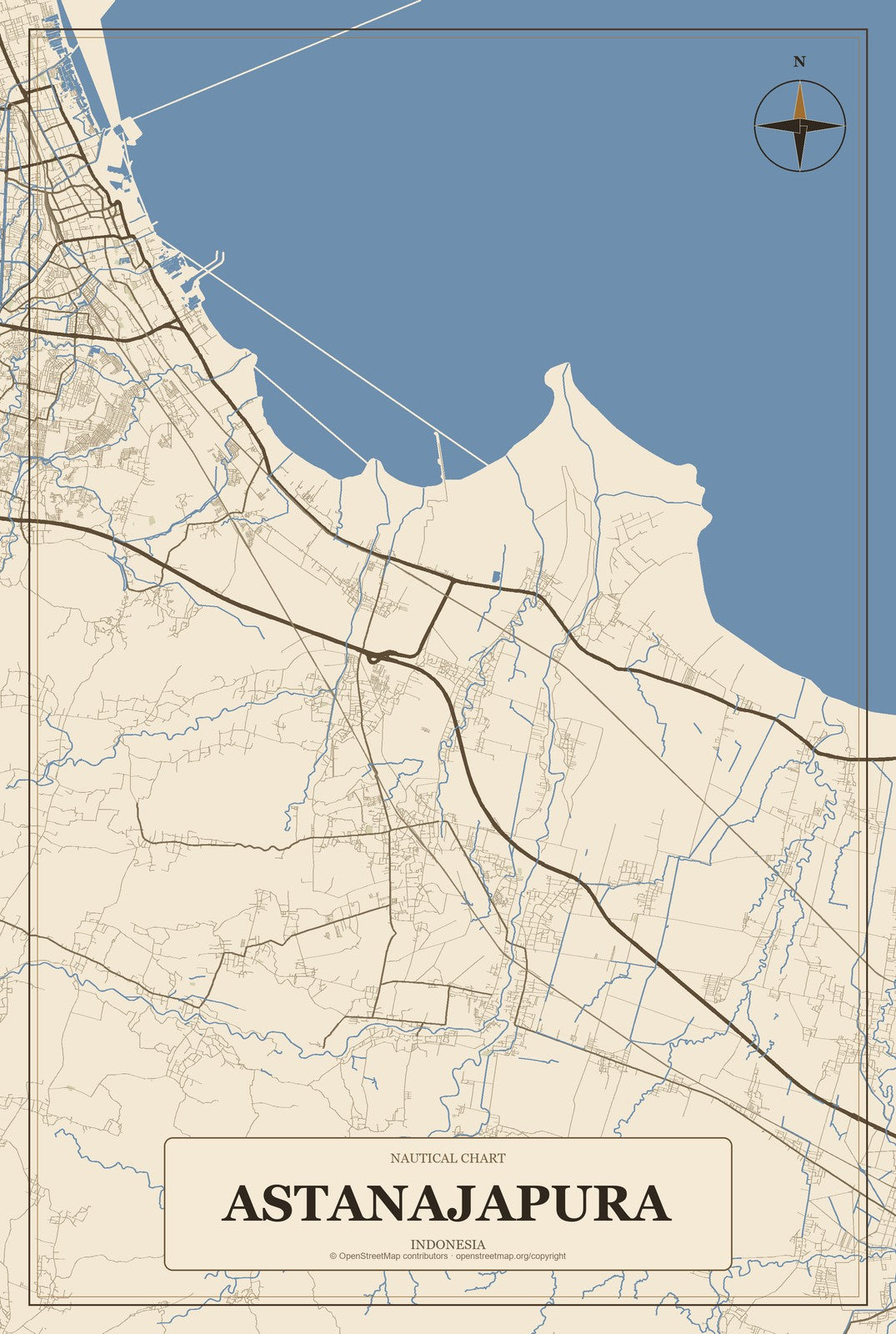 Astanajapura, Indonesia City Map Aluminum Sign in Heritage Nautical style