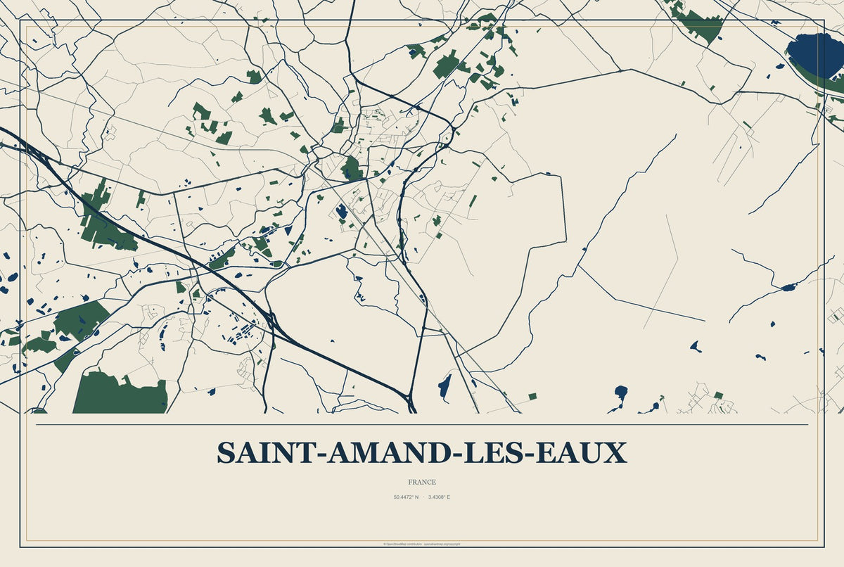 Saint-Amand-les-Eaux, France City Map Aluminum Sign in Coastal Cutout style