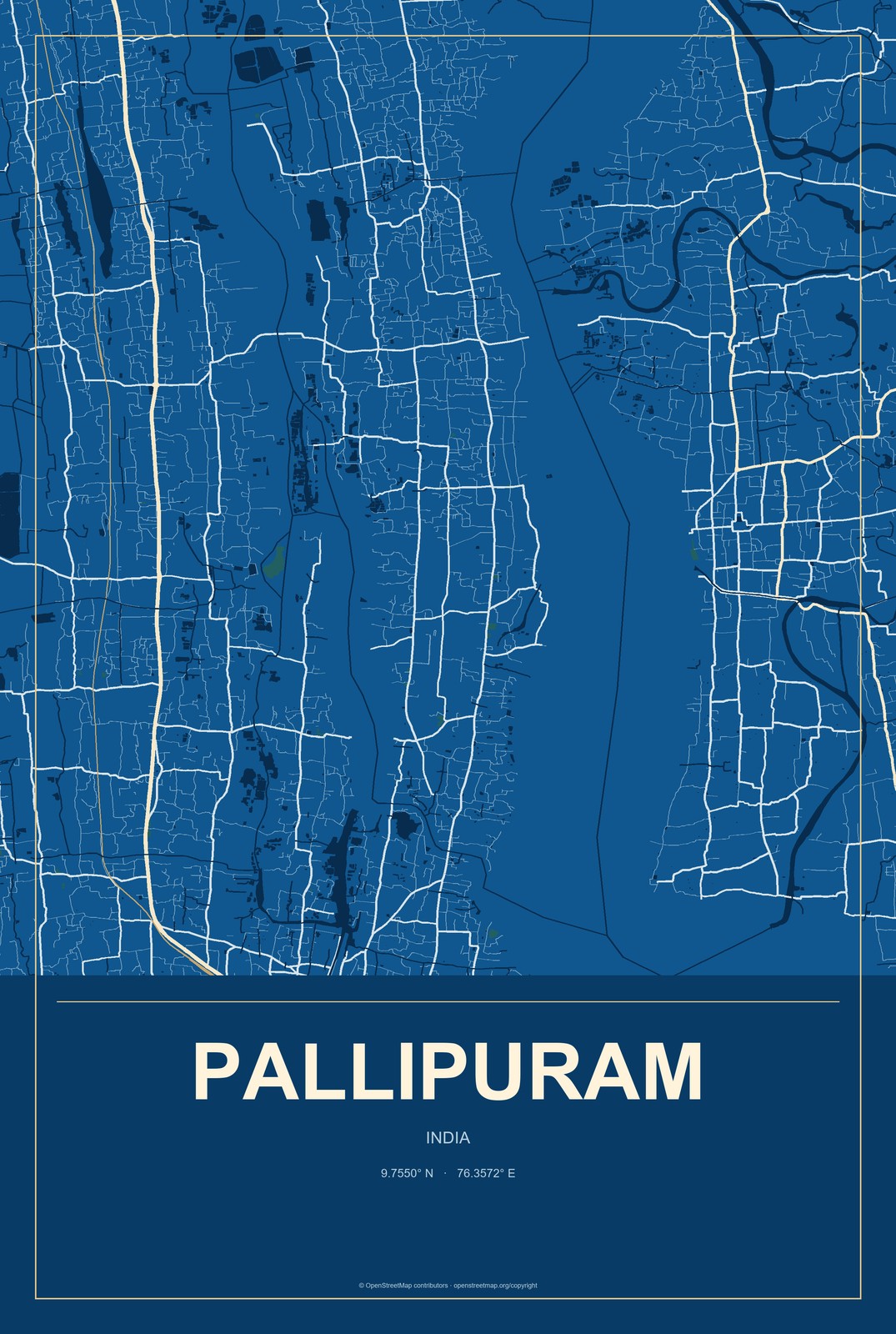 Pallipuram, India City Map Aluminum Sign in Harbor Cobalt style