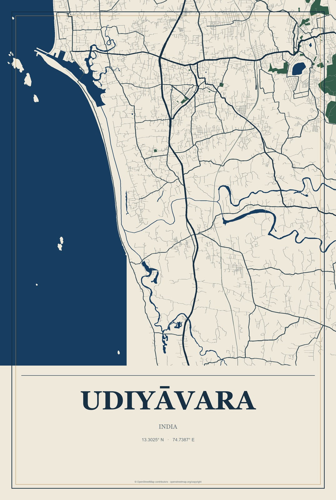 Udiyāvara, India City Map Aluminum Sign in Coastal Cutout style