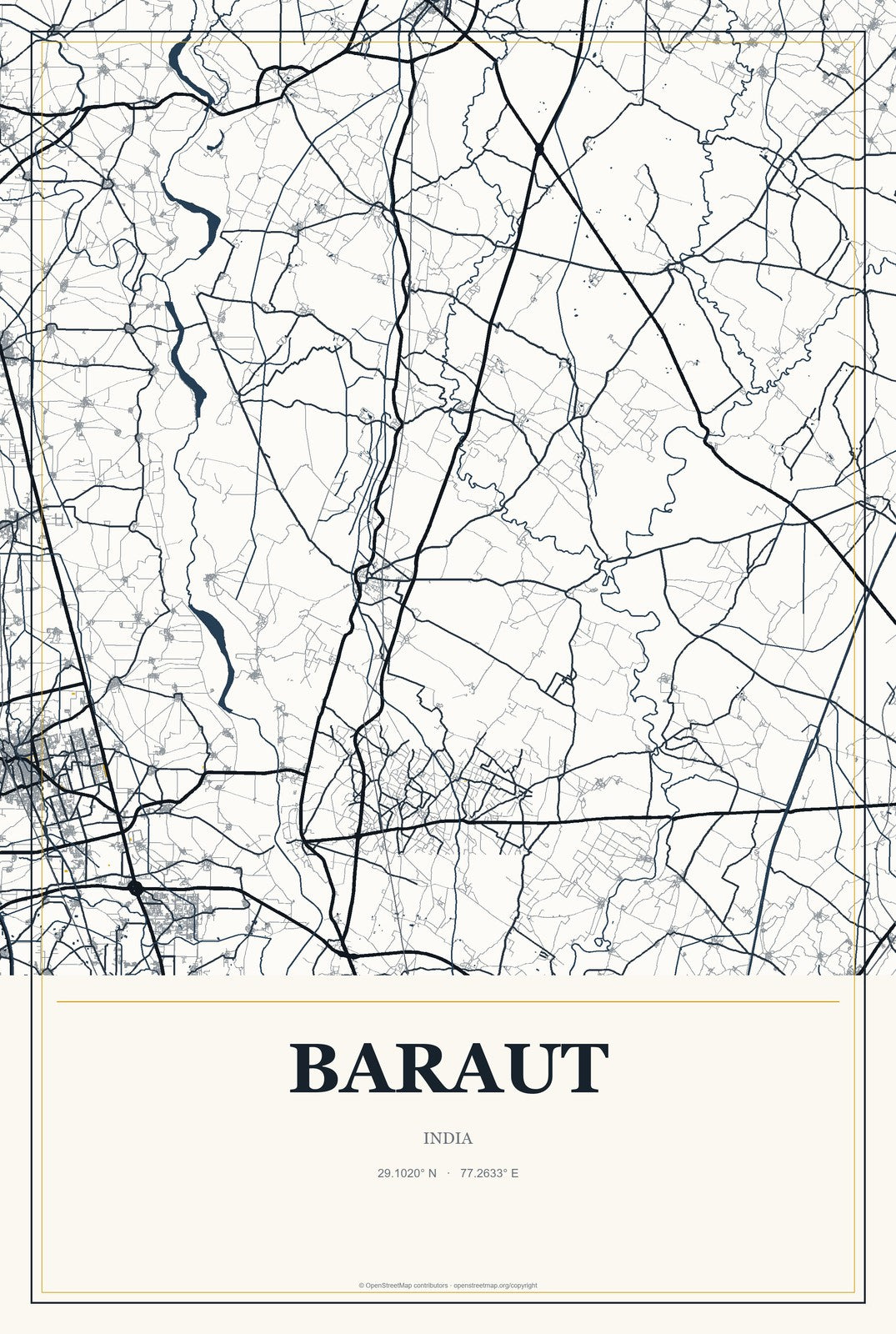Baraut, India City Map Aluminum Sign in Citrine Modern style