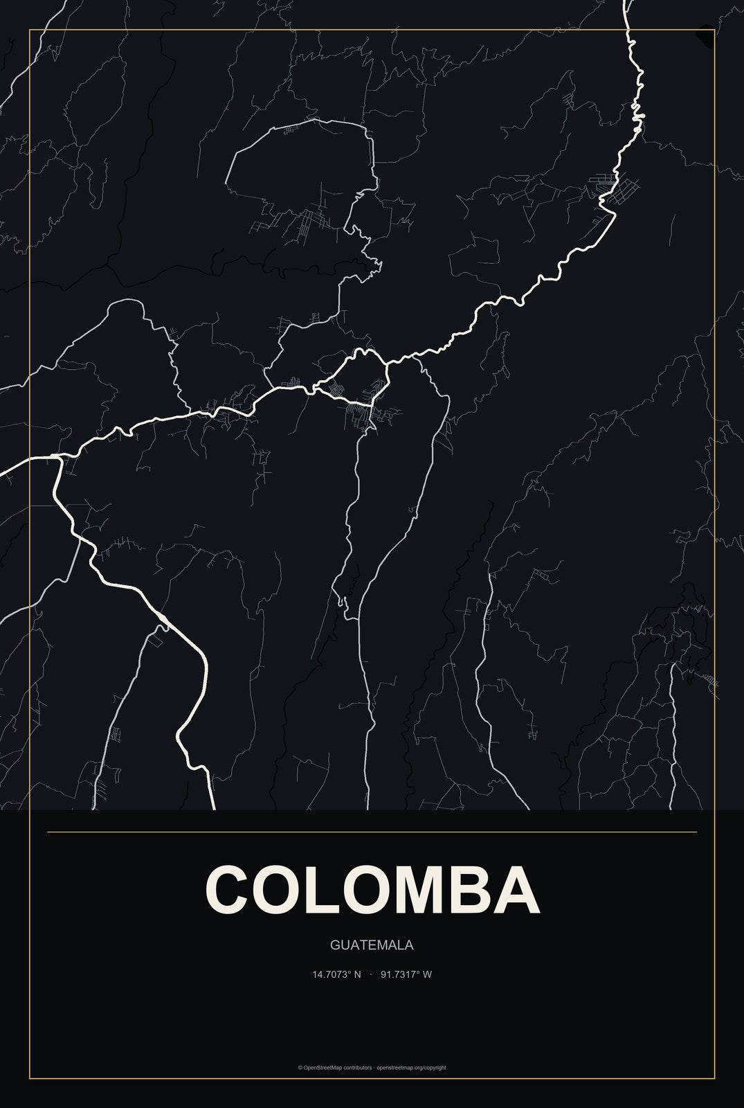 Colomba, Guatemala City Map Aluminum Sign in Metropolitan Noir style