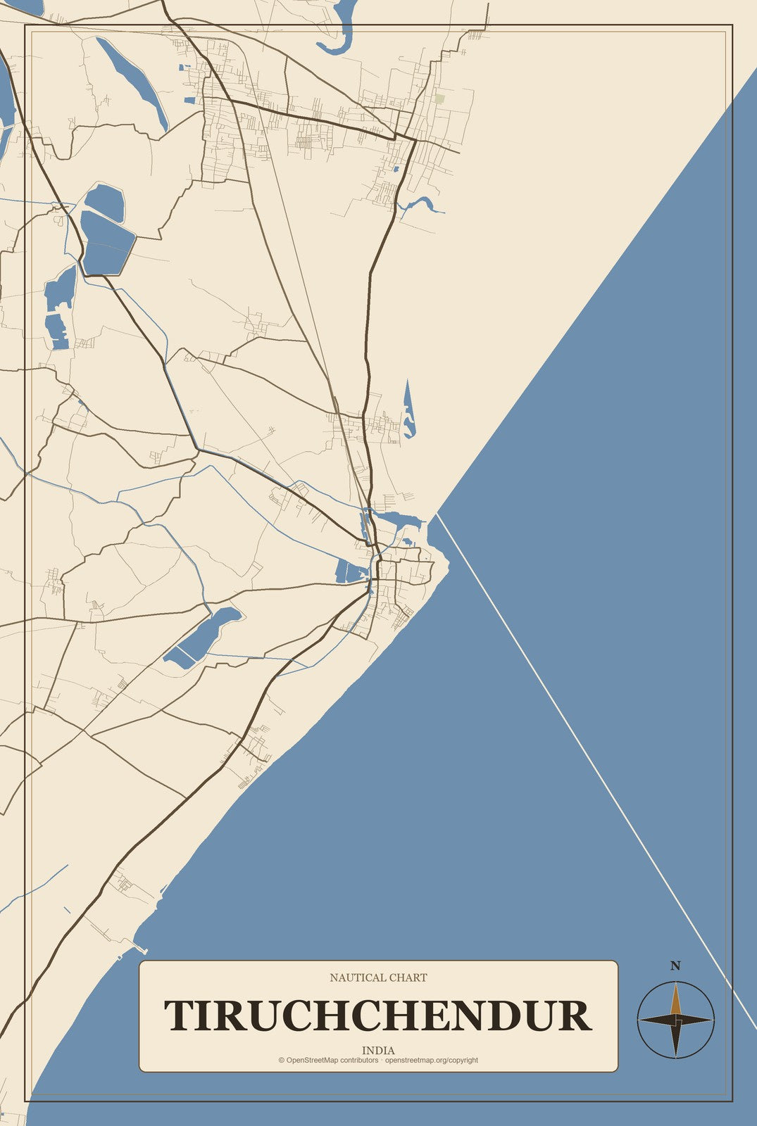 Tiruchchendur, India City Map Aluminum Sign in Heritage Nautical style