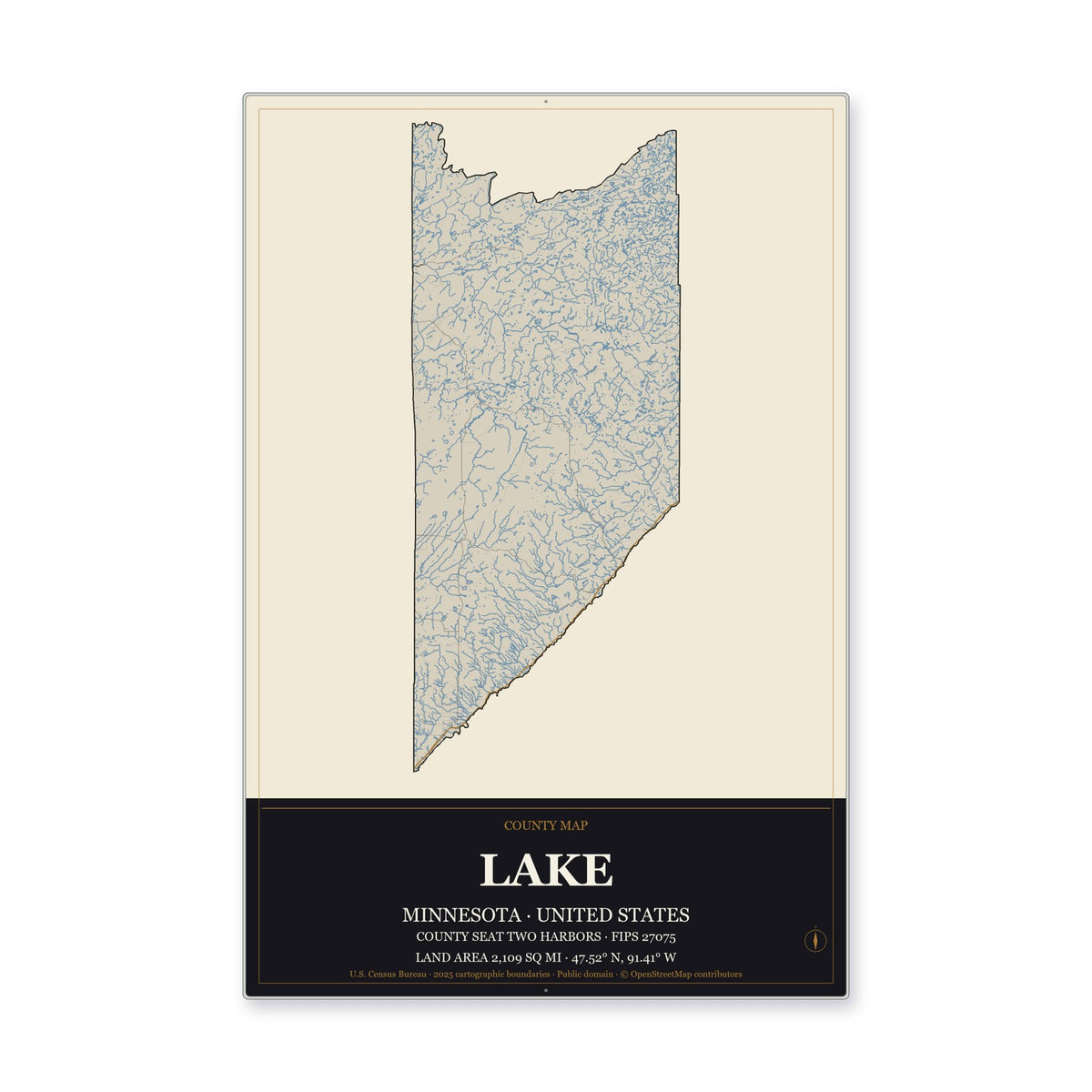 Lake County, Minnesota Map Aluminum Sign in Museum Plaque style