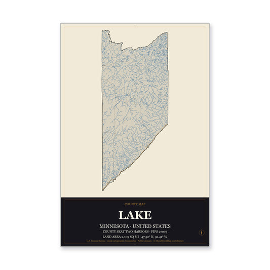 Lake County, Minnesota Map Aluminum Sign in Museum Plaque style