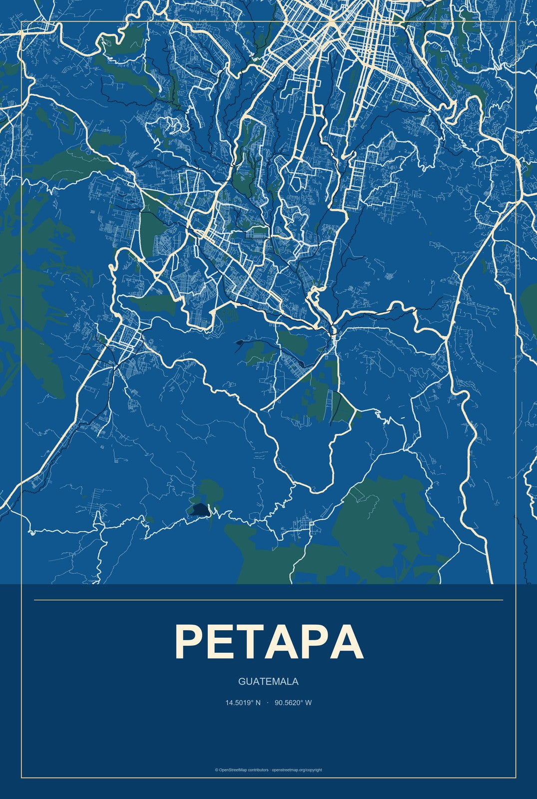 Petapa, Guatemala City Map Aluminum Sign in Harbor Cobalt style