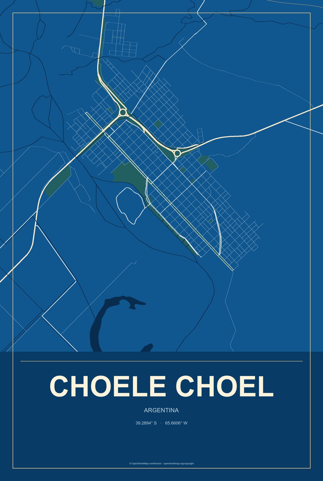 Choele Choel, Argentina City Map Aluminum Sign in Harbor Cobalt style