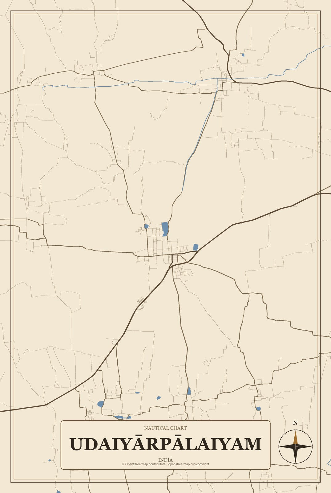 Udaiyārpālaiyam, India City Map Aluminum Sign in Heritage Nautical style