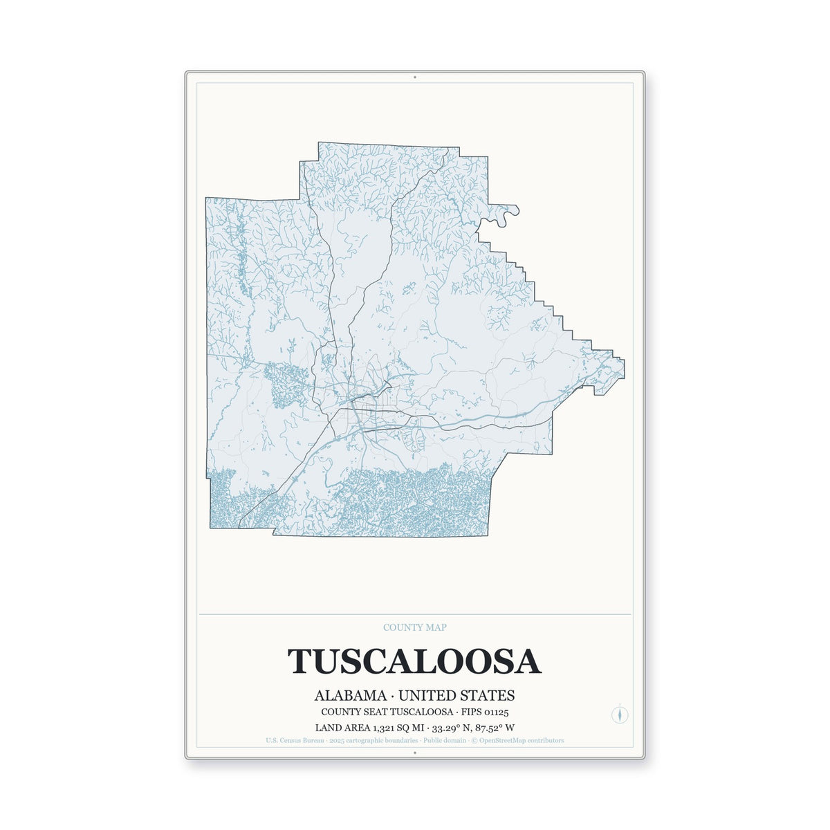 Tuscaloosa County, Alabama Map Aluminum Sign in Gallery Air style
