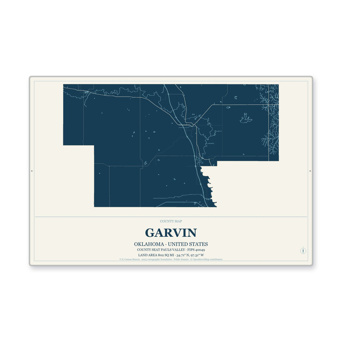 Garvin County, Oklahoma Map Aluminum Sign in Coastal Cutout style