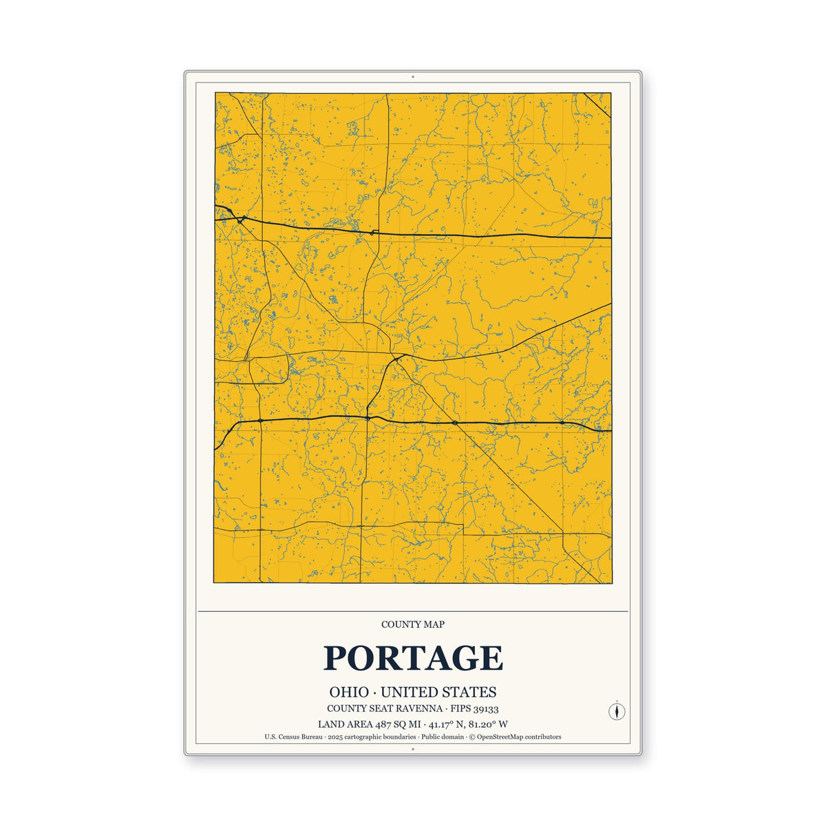 Portage County, Ohio Map Aluminum Sign in Citrine Modern style