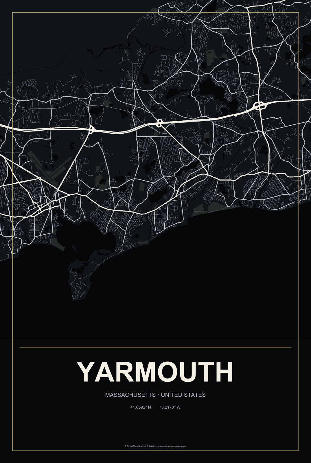 Yarmouth, Massachusetts City Map Aluminum Sign in Metropolitan Noir style