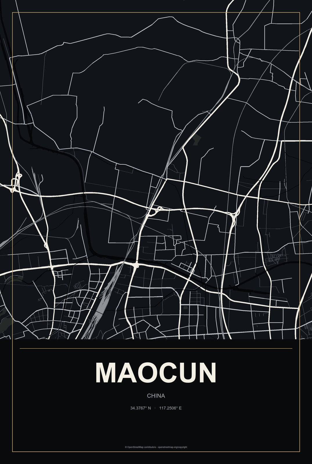 Maocun, China City Map Aluminum Sign in Metropolitan Noir style