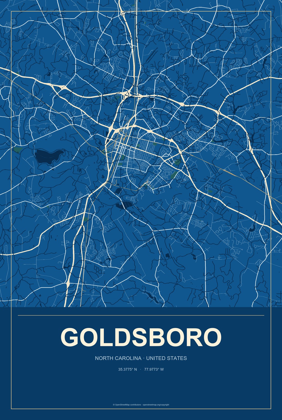 Goldsboro, North Carolina City Map Aluminum Sign in Harbor Cobalt style