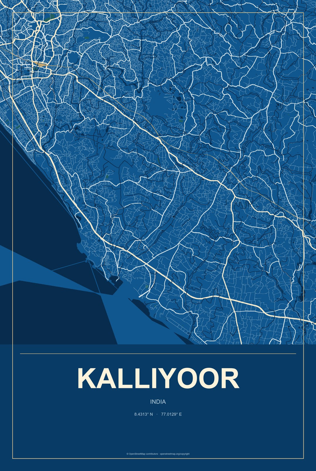 Kalliyoor, India City Map Aluminum Sign in Harbor Cobalt style